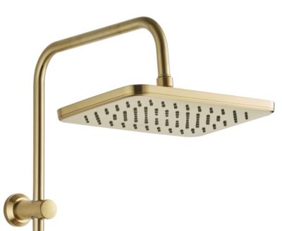 Colonne de douche thermostatique carrée avec douchette, pomme de douche, barre réglable et mitigeur, doré brossé, Edouard Rousseau Vorak