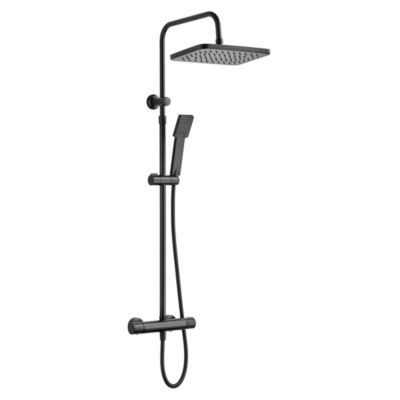 Colonne de douche thermostatique carrée avec douchette, pomme de douche, barre réglable et mitigeur, noir mat, Edouard Rousseau Vorak