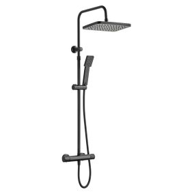 Colonne de douche thermostatique carrée avec douchette, pomme de douche, barre réglable et mitigeur, noir mat, Edouard Rousseau Vorak