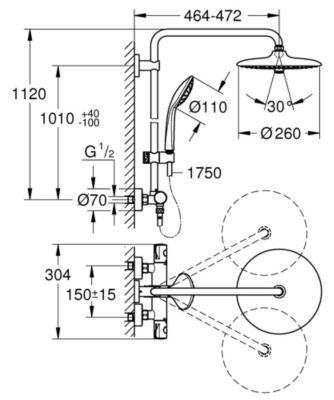 Colonne de douche thermostatique chrome H.112 cm, Grohe Vitalio TurboStat