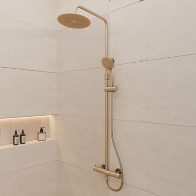 Colonne de douche thermostatique doré brossé Galedo Arty, avec douche de tête et douchette 2 jets