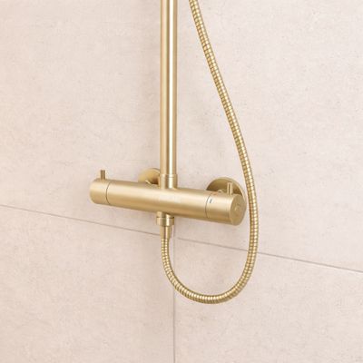 Colonne de douche thermostatique doré brossé Galedo Arty, avec douche de tête et douchette 2 jets
