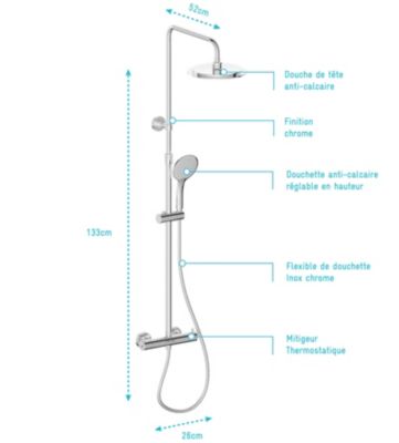 Colonne de douche Thermostatique finition Chrome 133x26x52 cm - MOLLY ...
