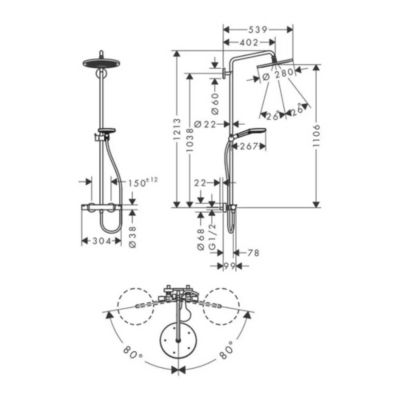 Colonne de douche thermostatique HANSGROHE Croma Select S 280 Bronze brossée + nettoyant Briochin