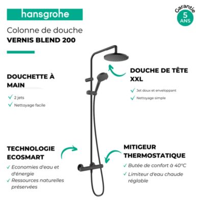 Colonne de douche thermostatique HANSGROHE Vernis Blend 200 EcoSmart noir mat + nettoyant Briochin