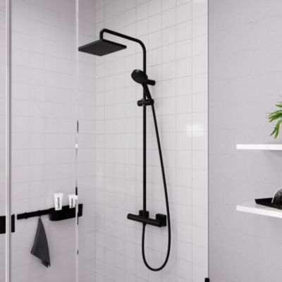 Colonne de douche thermostatique HANSGROHE Vernis Shape 230 EcoSmart noir mat + tablette AddStoris