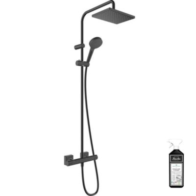 Colonne de douche thermostatique HANSGROHE Vernis Shape, économie d'eau noir mat + nettoyant Briochin