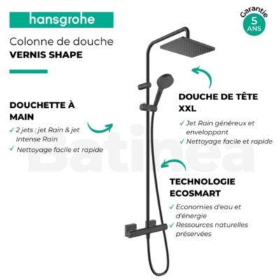 Colonne de douche thermostatique HANSGROHE Vernis Shape, économie d'eau noir mat + nettoyant Briochin