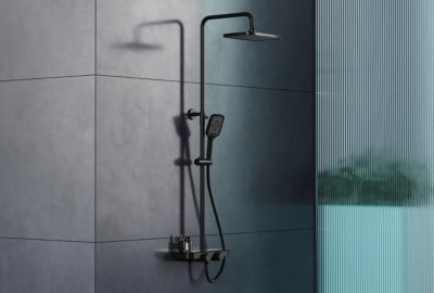 Colonne de douche thermostatique hauteur réglable design + tablette acier inox + mitigeur et pommeau Carrés - Noir mat - BS371