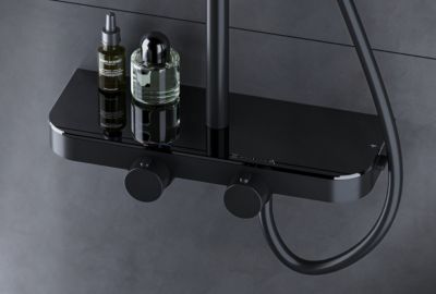 Colonne de douche thermostatique hauteur réglable design + tablette acier inox + mitigeur et pommeau Carrés - Noir mat - BS371
