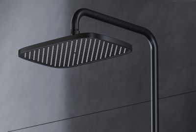 Colonne de douche thermostatique hauteur réglable design + tablette acier inox + mitigeur et pommeau Carrés - Noir mat - BS371