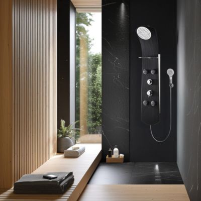 Colonne de douche thermostatique hydromassante 4 buses avec tablette, pomme de tête, douchette 3 jets et flexible, noir mat, Valentin Nautilus
