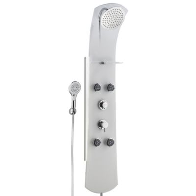 Colonne de douche thermostatique hydromassante 4 buses avec tablette, pomme de tête, douchette 3 jets et flexible, verre blanc, Valentin Nautilus