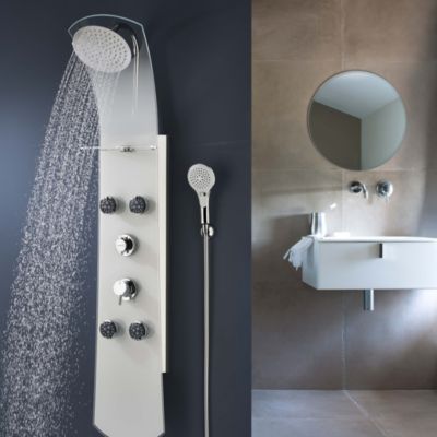 Colonne de douche thermostatique hydromassante 4 buses avec tablette, pomme de tête, douchette 3 jets et flexible, verre blanc, Valentin Nautilus