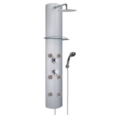 Colonne de douche thermostatique hydromassante 6 buses avec tablette, pomme de tête, douchette 3 jets et flexible, gris, Valentin Totem Alu