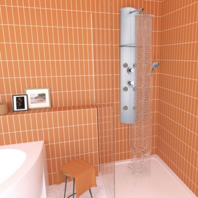 Colonne de douche thermostatique hydromassante 6 buses avec tablette, pomme de tête, douchette 3 jets et flexible, gris, Valentin Totem Alu