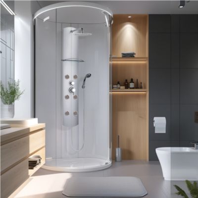 Colonne de douche thermostatique hydromassante 6 buses avec tablette, pomme de tête, douchette 3 jets et flexible, gris, Valentin Totem Alu