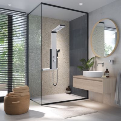 Colonne de douche thermostatique hydromassante avec tablette, pomme de tête, douchette et flexible, en aluminium anodisé gris, Valentin Dune