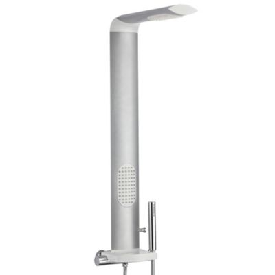 Colonne de douche thermostatique hydromassante avec tablette, pomme de tête et flexible, en aluminium anodisé gris, Valentin Isme