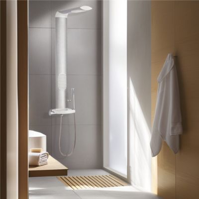 Colonne de douche thermostatique hydromassante avec tablette, pomme de tête et flexible, en aluminium anodisé gris, Valentin Isme