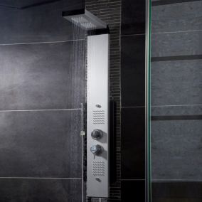 Colonne de douche thermostatique hydromassante multijets avec pomme de tête, douchette 1 jet et flexible, gris alu et noir, Valentin Dune