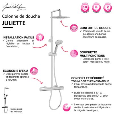 Colonne de douche thermostatique JACOB DELAFON Juliette noir mat + tablette de douche