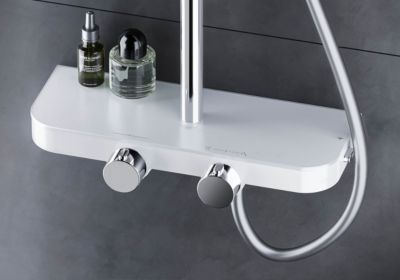 Colonne de douche thermostatique laiton, mitigeur de douche + tablette en verre, Chrome / Blanc, Assemblée, Silencieux, BS371