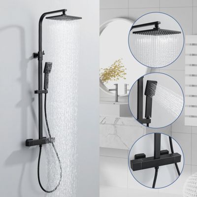 Colonne de Douche Thermostatique Noir 38C Systeme de Douche en Acier Inox Hauteur Reglable 855 a 1105 mm avec Douchette
