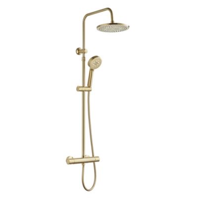 Colonne de douche thermostatique ronde avec douchette, pomme de douche, barre réglable et mitigeur, doré brossé, Edouard Rousseau Lueggo