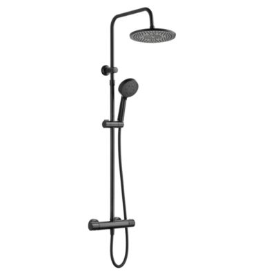 Colonne de douche thermostatique ronde avec douchette, pomme de douche, barre réglable et mitigeur, noir mat, Edouard Rousseau Lueggo