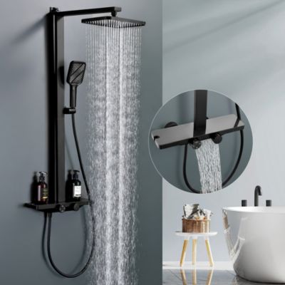 Colonne de Douche Thermostatique Étagère en Verre avec Cascade Douchette 3 Jets Pommeau de Douche Pluie 300 x 200 mm Noire