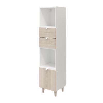 Colonne de rangement blanche sur pieds avec tiroirs et porte effet chêne GoodHome Atomia H. 161 x L. 37,5 x P. 35 cm