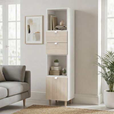 Colonne de rangement blanche sur pieds avec tiroirs et porte effet chêne GoodHome Atomia H. 161 x L. 37,5 x P. 35 cm