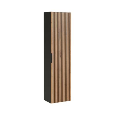 Colonne de salle de bain KINOKO  1 porte  Finition lattes effet bois naturel et noir  L35 x P25 x H140 cm  Meuble suspendu