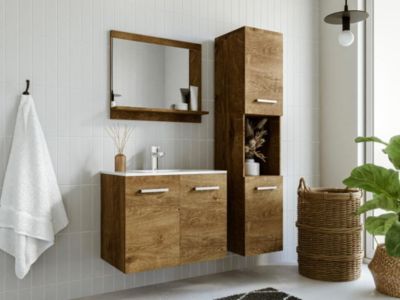 Colonne de salle de bain suspendue effet bois avec niche de rangement  - L30 x P30 x H133 cm - MIELA II