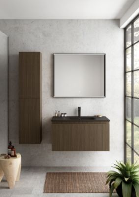 Colonne de salle de bains 2 portes placage noyer strié H.150 cm, Pura+
