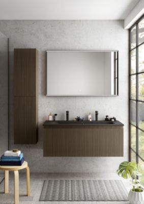 Colonne de salle de bains 2 portes placage noyer strié H.150 cm, Pura+