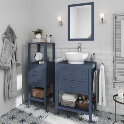 Colonne de salle de bains à poser 2 tiroirs et 2 niches bleu mat L.40 x H.120 x P.36 cm, GoodHome Perma