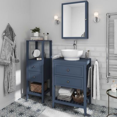 Colonne de salle de bains à poser 2 tiroirs et 2 niches bleu mat L.40 x H.120 x P.36 cm, GoodHome Perma