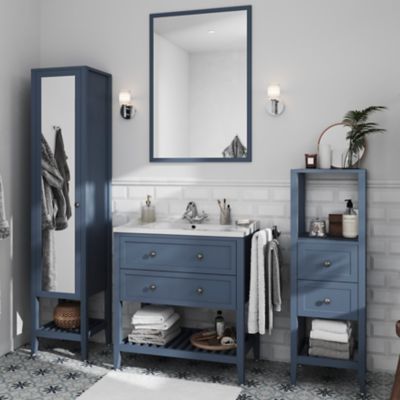 Colonne de salle de bains à poser 2 tiroirs et 2 niches bleu mat L.40 x H.120 x P.36 cm, GoodHome Perma