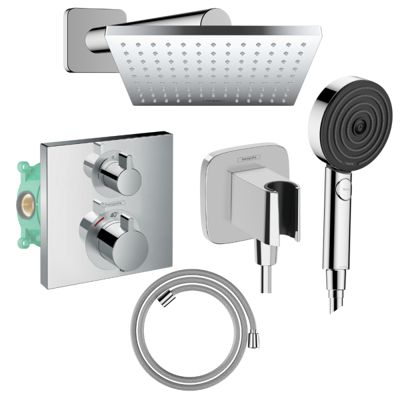 Colonne douche thermostatique HANSGROHE Ecostat Square Douche de tête Vernis Shape Flexible Isiflex Douchette Pulsify chromé