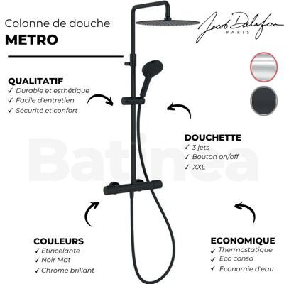 Colonne douche thermostatique JACOB DELAFON Metro 3 jets, économie d'eau, noir mat