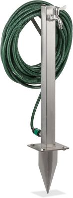 Colonne Eau avec Robinet, avec Piquet et Support Tuyau, HLP 66x30x15 cm, Point Eau, carré, INOX, argenté