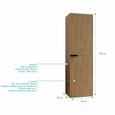 Colonne Façade Ondulee 35x30x120 cm - 2 Portes en MDF Decor Bois - MILO
