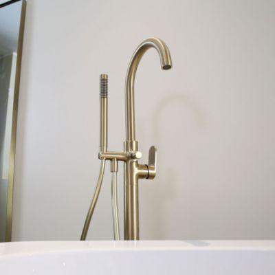 Colonne mitigeur mécanique de baignoire îlot + flexible + douchette, H.113 cm, doré, Essebagno
