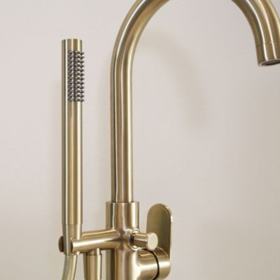 Colonne mitigeur mécanique de baignoire îlot + flexible + douchette, H.113 cm, doré, Essebagno