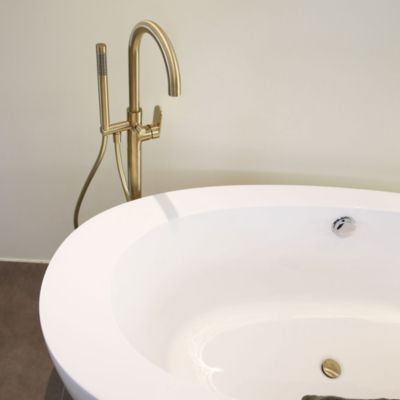 Colonne mitigeur mécanique de baignoire îlot + flexible + douchette, H.113 cm, doré, Essebagno