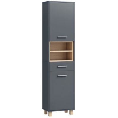 Colonne salle de bain design H.160 cm - 2 portes, 2 niches, tiroir - gris effet bois clair naturel