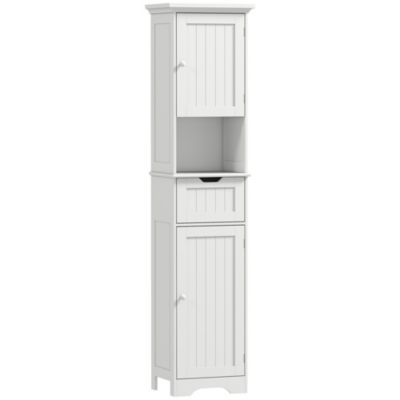 Colonne salle de bain H.170cm LED effet bois lambris blanc porte 2 étagères niche tiroir
