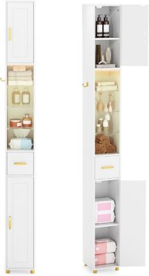 Colonne Salle de Bain Haute, Meuble Salle de Bain Etroit avec LED à 3 Couleurs, Portes, Étagères Réglables, 20x20x180cm, Blanc